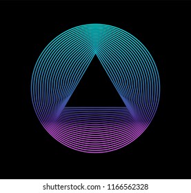 Neon glowing disc with triangle hole on dark background. Retrowave/ synthwave style illustation. 