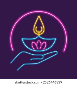 Diya brillante de neón e icono de la mano. El resplandor radiante de la vela Diwali simboliza la luz que vence a la oscuridad y significa esperanza y prosperidad. 