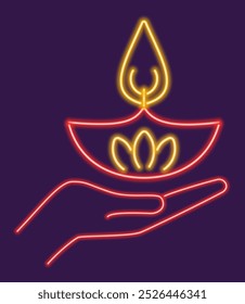 Neon glowing diya and hand icon. The radiant glow of the Diwali candle symbolizes light overcoming darkness and signifies hope and prosperity. 