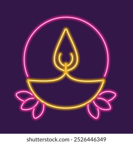 Neon glowing diya icon. The radiant glow of the Diwali candle symbolizes light overcoming darkness and signifies hope and prosperity. 