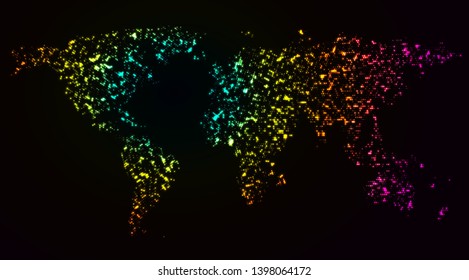 Neon Glowing Dotted World Map For Big Data Visualization And Heat Map Infographics.