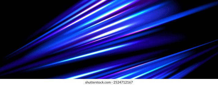 Neon glowing dynamic stripe background. Bright blue speed light effect. Exposure trail flare line texture. Luminous laser beams or rays wallpaper design. Futuristic neon speedy streak backdrop. Vector