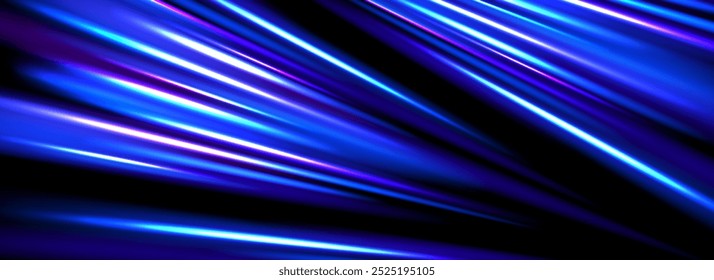 Neon glowing dynamic stripe background. Bright blue speed light effect. Exposure trail flare line texture. Luminous laser rays or beams wallpaper design. Futuristic neon speedy streak backdrop. Vector