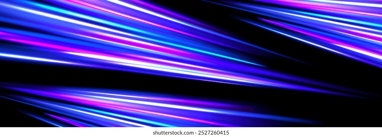 Neon glowing dynamic stripe background. Iridescent speed light trace. Exposure trail flare line texture. Luminous laser rays or beams wallpaper design. Futuristic neon speedy streak backdrop. Vector