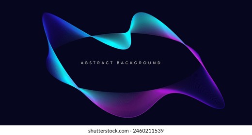 Neon glowing ellipse round curve shape with wavy dynamic lines isolated on black background, technology concept.