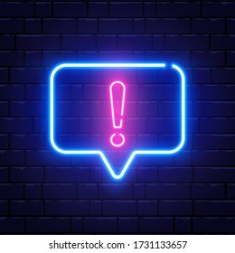 Neon glowing exclamation mark. Quiz neon banner. Shining neon speech bubble. Color neon frame on brick wall. Realistic bright night signboard. Vector illustration.