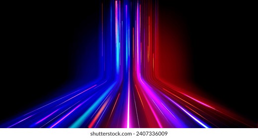 Neon glowing fiber with high speed motion effect. Blue and red line streaks of data network or energy flow. Realistic vector illustration of modern technology particle with fast luminous movement.