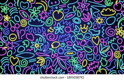 Neon glowing figures on a dark background. Spirals, fruits, zigzags, stars, flowers and other small elements collected in a bright pattern