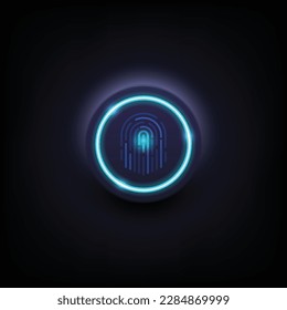 Neon glowing fingerprint button. Technology blue button light neon abstract background. Vector Vibrant Neon Circle with Glow. Modern Round Frame with Empty Space for Text.