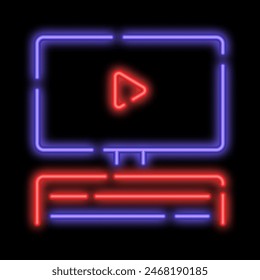 Neon glowing flat screen TV on home theater table. Watching movie at home on larger screen. Glowing neon icon isolated on black background