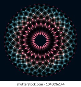 Neon glowing Flower of life vector illustration in pink and blue on black. Holiday lights glowing neon abstract flower.