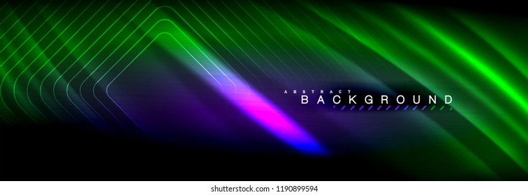 Líneas de onda de fluido brillantes neón, concepto de luz espacial mágica, diseño de fondo abstracto de fondo de fondo de fondo, ilustración vectorial