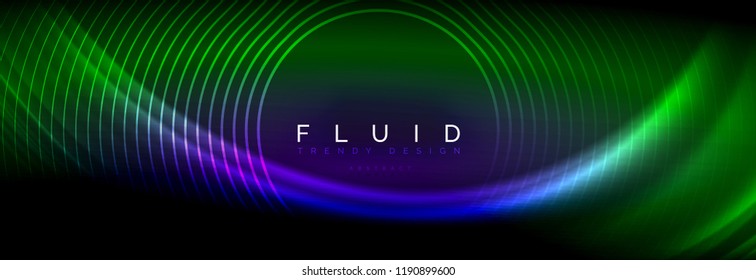 Líneas de onda de fluido brillantes neón, concepto de luz espacial mágica, diseño de fondo abstracto de fondo de fondo de fondo, ilustración vectorial