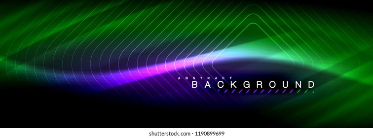 Neon glowing fluid wave lines, magic energy space light concept, abstract background wallpaper design, vector illustration
