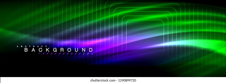 Neonleuchtende Fließbandlinien, magisches Energiespeicher-Lichtkonzept, abstrakter Hintergrund-Bildschirmhintergrund, Vektorgrafik