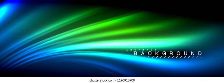 Líneas de onda de fluido brillantes neón, concepto de luz espacial mágica, diseño de fondo abstracto de fondo de fondo de fondo, ilustración vectorial