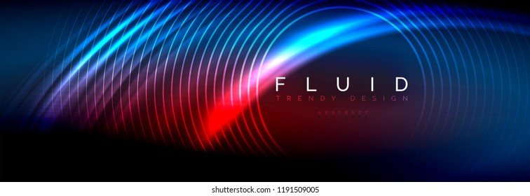 Líneas de onda de fluido brillantes neón, concepto de luz espacial mágica, diseño de fondo abstracto de fondo de fondo de fondo, ilustración vectorial