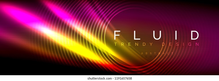 Neon glowing fluid wave lines, magic energy space light concept, abstract background wallpaper design, vector illustration