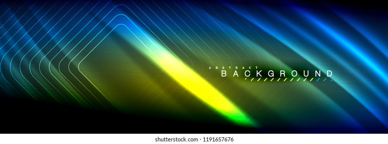 Neonleuchtende Fließbandlinien, magisches Energiespeicher-Lichtkonzept, abstrakter Hintergrund-Bildschirmhintergrund, Vektorgrafik