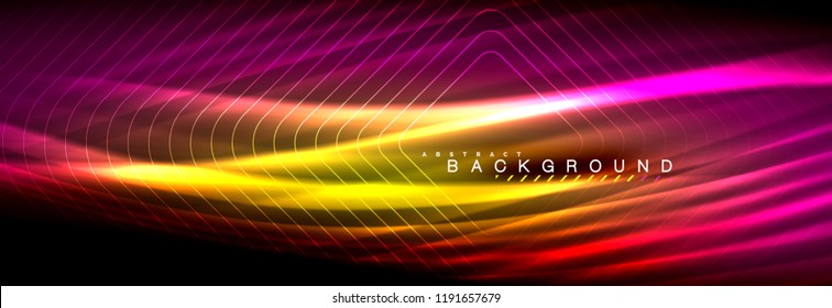 Neon glowing fluid wave lines, magic energy space light concept, abstract background wallpaper design, vector illustration