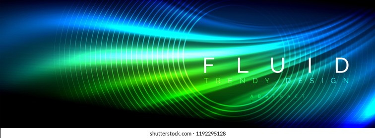 Neon glowing fluid wave lines, magic energy space light concept, abstract background wallpaper design, vector illustration