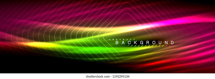 Líneas de onda de fluido brillantes neón, concepto de luz espacial mágica, diseño de fondo abstracto de fondo de fondo de fondo, ilustración vectorial