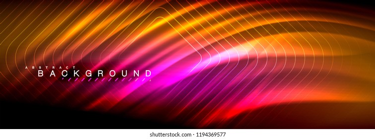 Neon glowing fluid wave lines, magic energy space light concept, abstract background wallpaper design, vector illustration