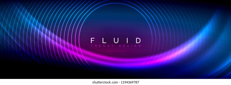 Líneas de onda de fluido brillantes neón, concepto de luz espacial mágica, diseño de fondo abstracto de fondo de fondo de fondo, ilustración vectorial