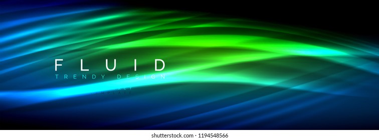 Neon glowing fluid wave lines, magic energy space light concept, abstract background wallpaper design, vector illustration