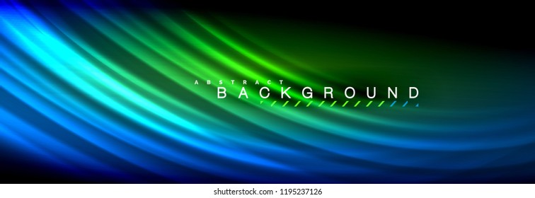 Líneas de onda de fluido brillantes neón, concepto de luz espacial mágica, diseño de fondo abstracto de fondo de fondo de fondo, ilustración vectorial