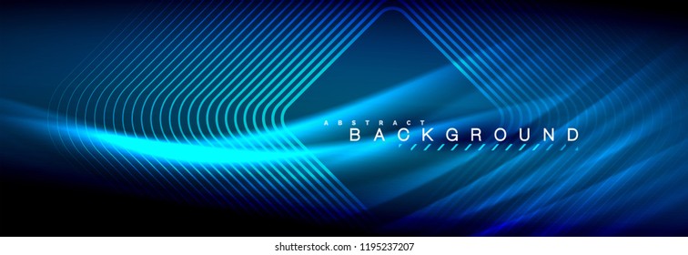 Neon glowing fluid wave lines, magic energy space light concept, abstract background wallpaper design, vector illustration