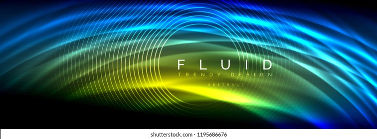 Líneas de onda de fluido brillantes neón, concepto de luz espacial mágica, diseño de fondo abstracto de fondo de fondo de fondo, ilustración vectorial