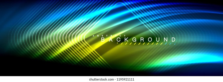 Neonleuchtende Fließbandlinien, magisches Energiespeicher-Lichtkonzept, abstrakter Hintergrund-Bildschirmhintergrund, Vektorgrafik