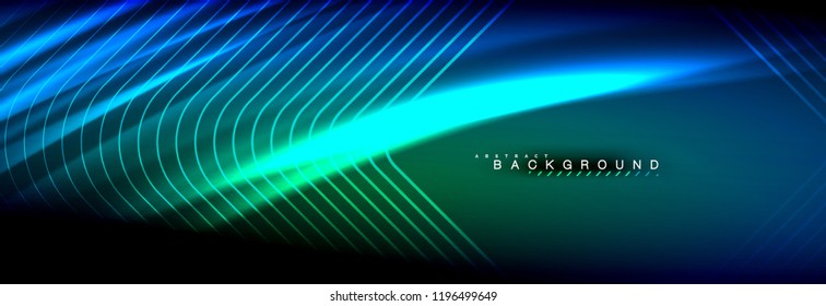 Líneas de onda de fluido brillantes neón, concepto de luz espacial mágica, diseño de fondo abstracto de fondo de fondo de fondo, ilustración vectorial
