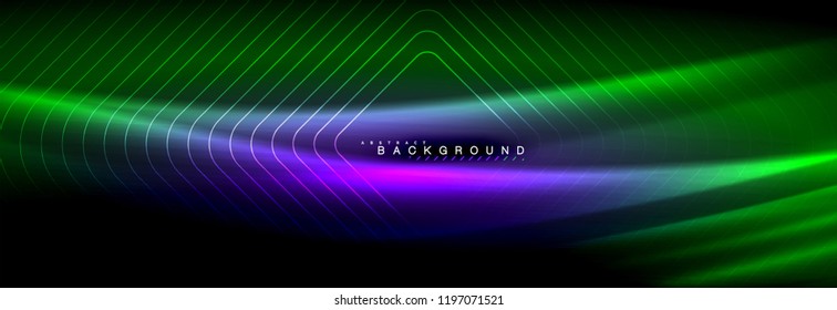 Neon glowing fluid wave lines, magic energy space light concept, abstract background wallpaper design, vector illustration