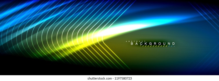 Neon glowing fluid wave lines, magic energy space light concept, abstract background wallpaper design, vector illustration