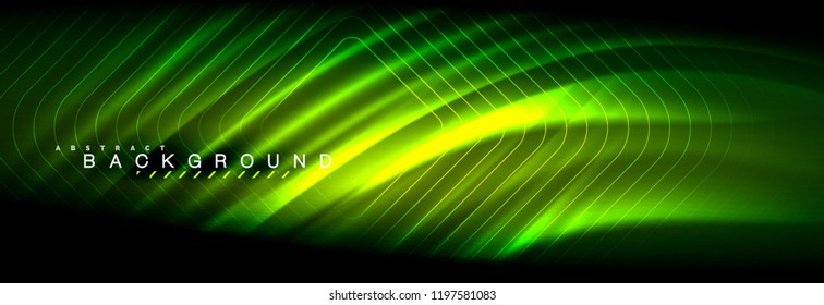 Líneas de onda de fluido brillantes neón, concepto de luz espacial mágica, diseño de fondo abstracto de fondo de fondo de fondo, ilustración vectorial