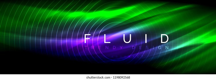 Neon glowing fluid wave lines, magic energy space light concept, abstract background wallpaper design, vector illustration