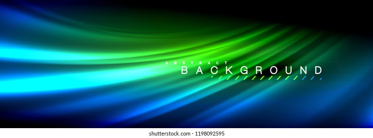 Neon glowing fluid wave lines, magic energy space light concept, abstract background wallpaper design, vector illustration