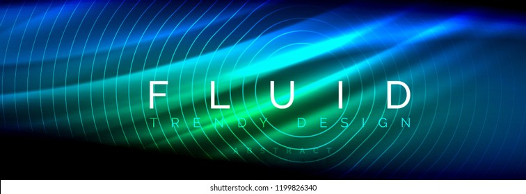 Neon glowing fluid wave lines, magic energy space light concept, abstract background wallpaper design, vector illustration