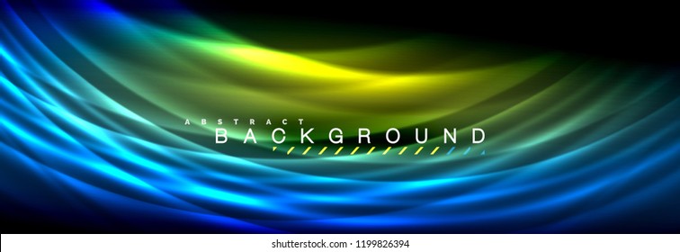 Neon glowing fluid wave lines, magic energy space light concept, abstract background wallpaper design, vector illustration