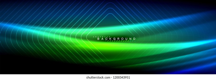 Líneas de onda de fluido brillantes neón, concepto de luz espacial mágica, diseño de fondo abstracto de fondo de fondo de fondo, ilustración vectorial