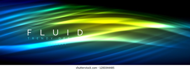 Neon glowing fluid wave lines, magic energy space light concept, abstract background wallpaper design, vector illustration