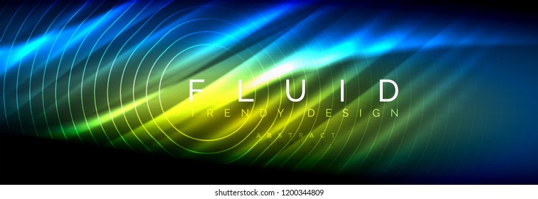 Neon glowing fluid wave lines, magic energy space light concept, abstract background wallpaper design, vector illustration