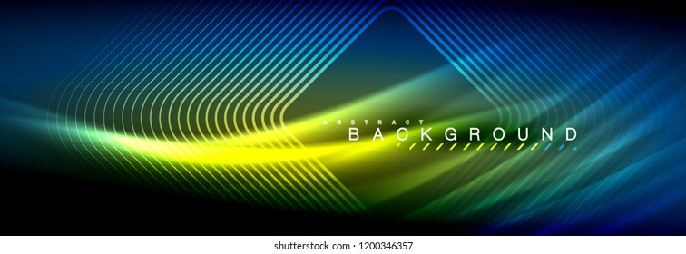 Neon glowing fluid wave lines, magic energy space light concept, abstract background wallpaper design, vector illustration