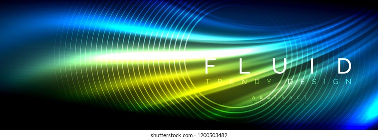 Líneas de onda de fluido brillantes neón, concepto de luz espacial mágica, diseño de fondo abstracto de fondo de fondo de fondo, ilustración vectorial