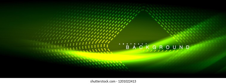 Líneas de onda de fluido brillantes neón, concepto de luz espacial mágica, diseño de fondo abstracto de fondo de fondo de fondo, ilustración vectorial