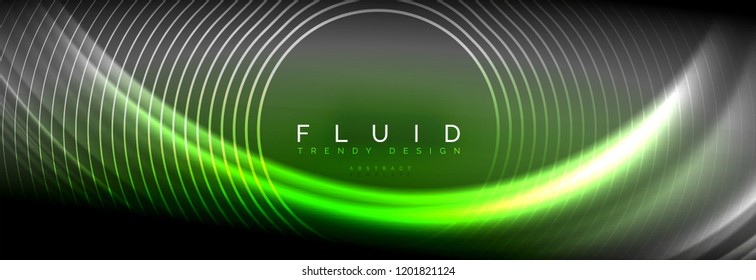 Neon glowing fluid wave lines, magic energy space light concept, abstract background wallpaper design, vector illustration
