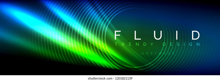 Neon glowing fluid wave lines, magic energy space light concept, abstract background wallpaper design, vector illustration