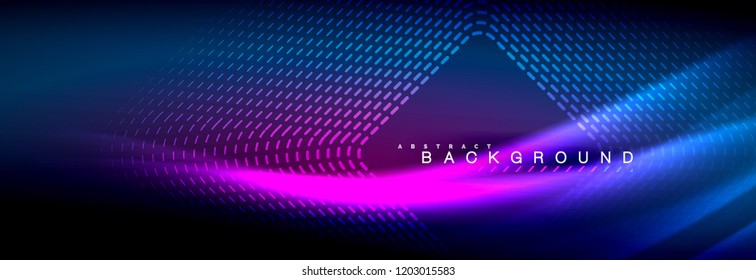Neonleuchtende Fließbandlinien, magisches Energiespeicher-Lichtkonzept, abstrakter Hintergrund-Bildschirmhintergrund, Vektorgrafik